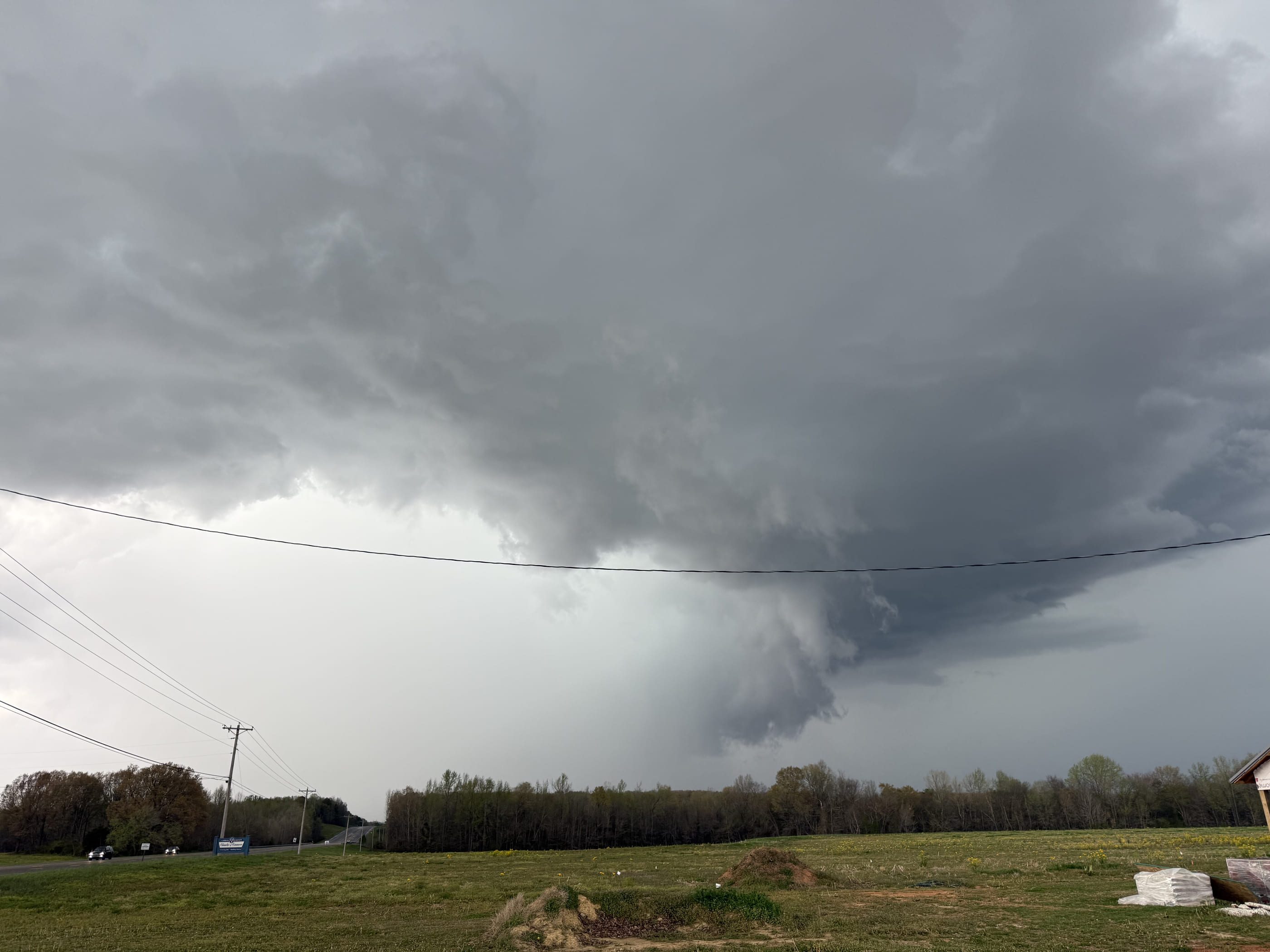 A wall cloud beyond a treeline, framed by power lines crossing the foreground.